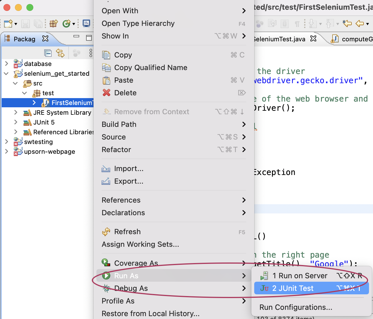 image showing how to run JUnit test