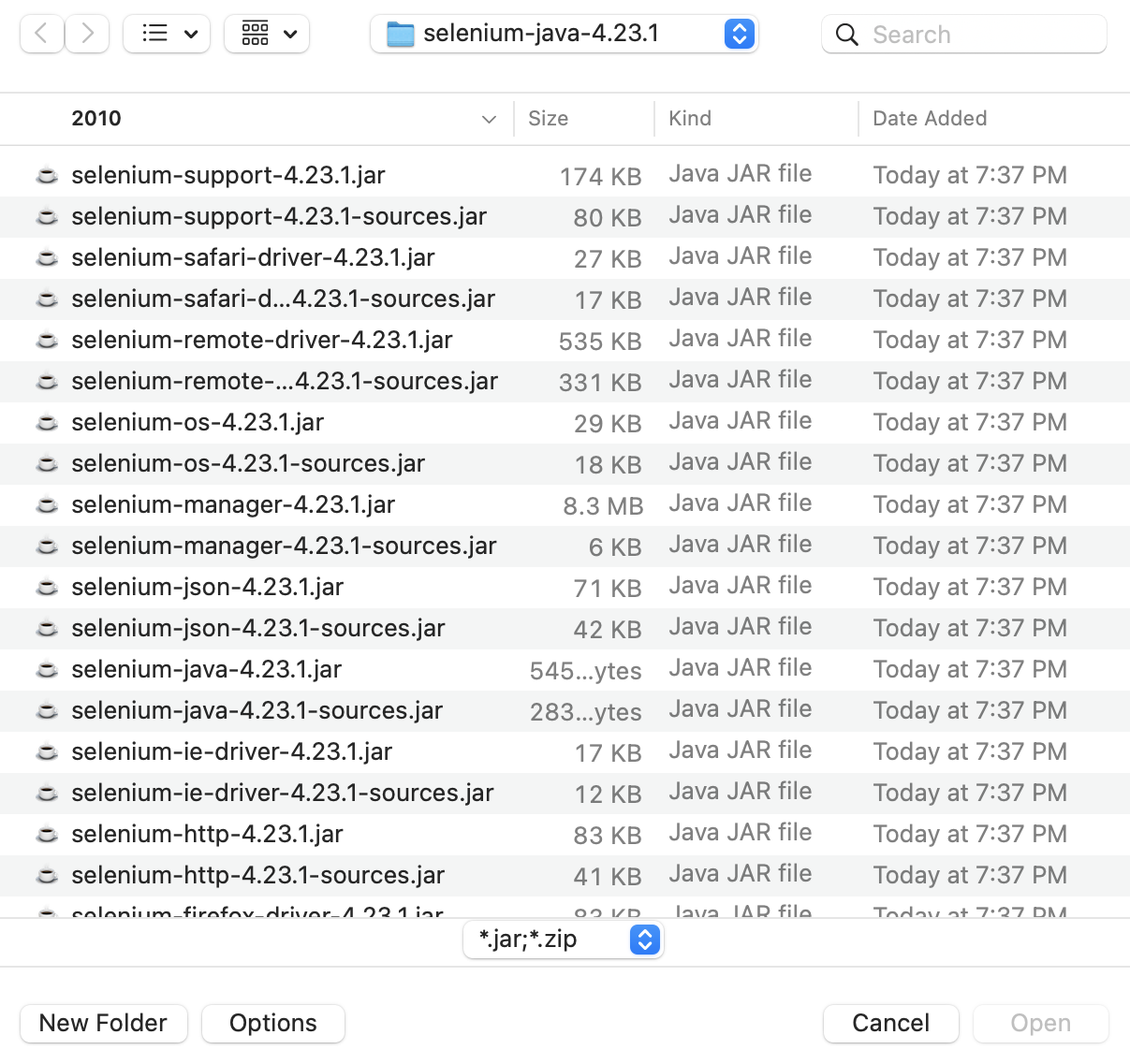 image showing the extracted Selenium folder