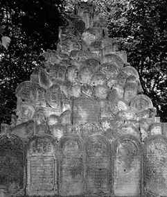 The memorial at Sandomierz, constructed of vandalized Jewish headstones, 1987.