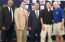 l-r: Vice President and Director of Athletics Lee McElroy, Chief of Staff Vince Delio, City of Albany Mayor Jerry Jennings, Dave Casale and Giants head coach Tom Coughlin