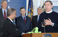 From left, Gov. George Pataki, Vice President and Chief Administrative Officer of the University at Albany's College of Nanoscale Science and Engineering Alain Kaloyeros, Assembly Speaker Sheldon Silver, Senate Majority Leader Joseph L. Bruno, and President Kermit L. Hall at today's announcement of the consortium.