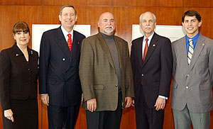 From left: Deborah A. W. Read, vice president for University Development; President Kermit L. Hall; Norman E. Snyder, Jr.; Paul Leonard, dean of the School of Business; and student Zack Berkovich, president for the day.