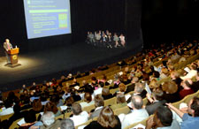 President Kermit L. Hall addresses faculty and staff at the Spring Faculty Meeting on April 26 in the Performing Arts Center.