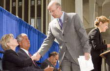 Chancellor John R. Ryan shakes hands with U.S. Senator Hillary Clinton