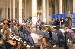 Chancellor John R. Ryan speaking at President Hall's Memorial