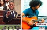 A young man speaks from a podium and another plays guitar in these side-by-side photos of EOP students