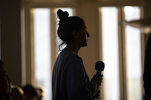 student at town hall