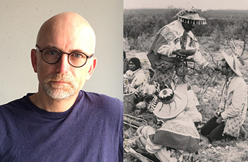 Researcher Alec Dawson and white man given something to sniff at a Huichol reservation