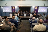 Members of the UAlbany and local community gather at the Massry Center for Business for discussion on A.I. and the Capital Region.