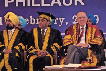 UAlbany Distinguished Professor of Criminal Justice David Bayley, far right, sits with dignitaries as keynote speaker at the Punjab Police Academy graduation.  
