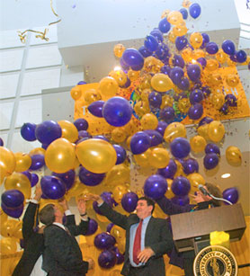Balloons are released as UAlbany celebrates its new theme, 
