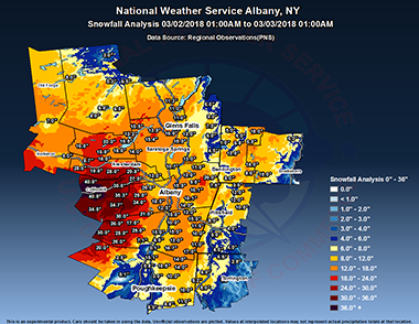 Graphic of snow fall in the Capital Region following the March 2, 2018 heavy snowfall event.