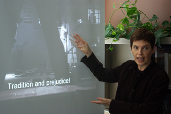 Professor of Theatre Szalczer pointing out a key theme of Miss Julie