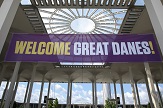 UAlbany welcomes new Great Danes with signage on the Uptown Campus podium.