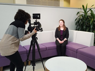 CEHC's Samantha Penta interviews with CBS 6  at University Hall about COVID-19 and social media.