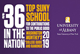 Graphic to celebrate UAlbany's advancement in Washington Monthly national rankings.