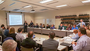 UAlbany leadership gathers for an emergency planning tabletop discussion. 