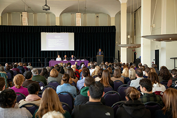 School of Public Health Dean David Holtgrave addresses hundreds of campus community members at Wednesday's town hall.