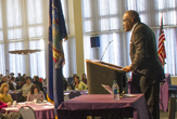 President Robert Jones address UAlbany crowd in Campus Center Ballroom