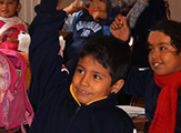 A school child anxiously raises his hand in class