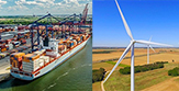Photos of a container ship in harbor and a windmill in an expansive field