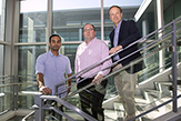 UAlbany RNA Institute researchers, left to right, Kaalak Reddy, John Cleary and Andrew Berglund pose in the Life Sciences Research Building.