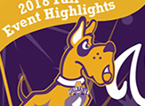 A cartoon UAlbany Great Dane stands watch by an events banner