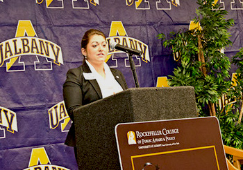 Julie Gondar, President of the SUNY Student Assembly, speaks at Women' Leadership Academy event