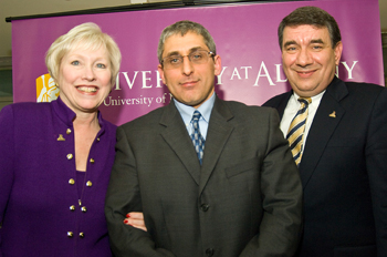 SUNY Chancellor Nancy Zimpher, School of Business Dean Donald Siegel, Interim President George Philip