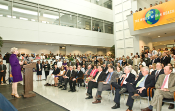 Chancellor Nancy Zimpher addresses the crowd at a UAlbany news conference announcing the selection of architects for the new School of Business building, and Business School support from Ernst & Young alumni