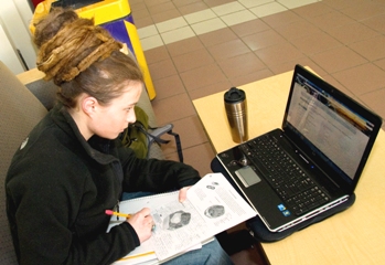 UAlbany student Emma Cerasoli working on her laptop computer in the Campus Center