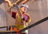 A construction worker at UAlbany's Liberty Terrace site.