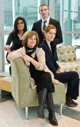 From left, standing, Nalini Kalanadhabhatta, Cameron Waldman and from left seated, faculty adviser Bonnie Steinbock, and Vala Thoroddsdottir