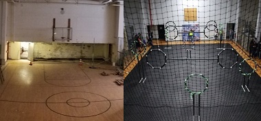 Photos of the Page Hall gym before and after its drone lab renovation.