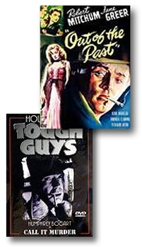 Separate movie posters of Robert Mitchum and Humphrey Bogart showing them smoking.    