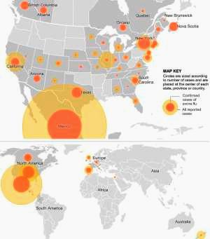 Map showing spread of swine flu.