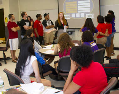 UAlbany alumna Colleen Dundas training Resident Assistants. 