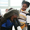 Two youngsters look through a microscope at Nano-Day 2008