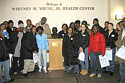 Area high school students taking part in CEMHD's Arbor Hill Community Immersion Project visit the Whitney M. Young, Jr. Health Center.