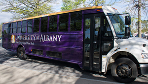 UAlbany's newly wrapped shuttle bus.