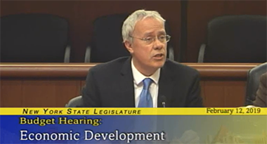 Screenshot of Chris Thorncroft testifying at the final joint legislative hearing on the 2019-2020 executive budget proposal. 