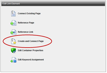 Edit Link Element window for Create and Connect Page option