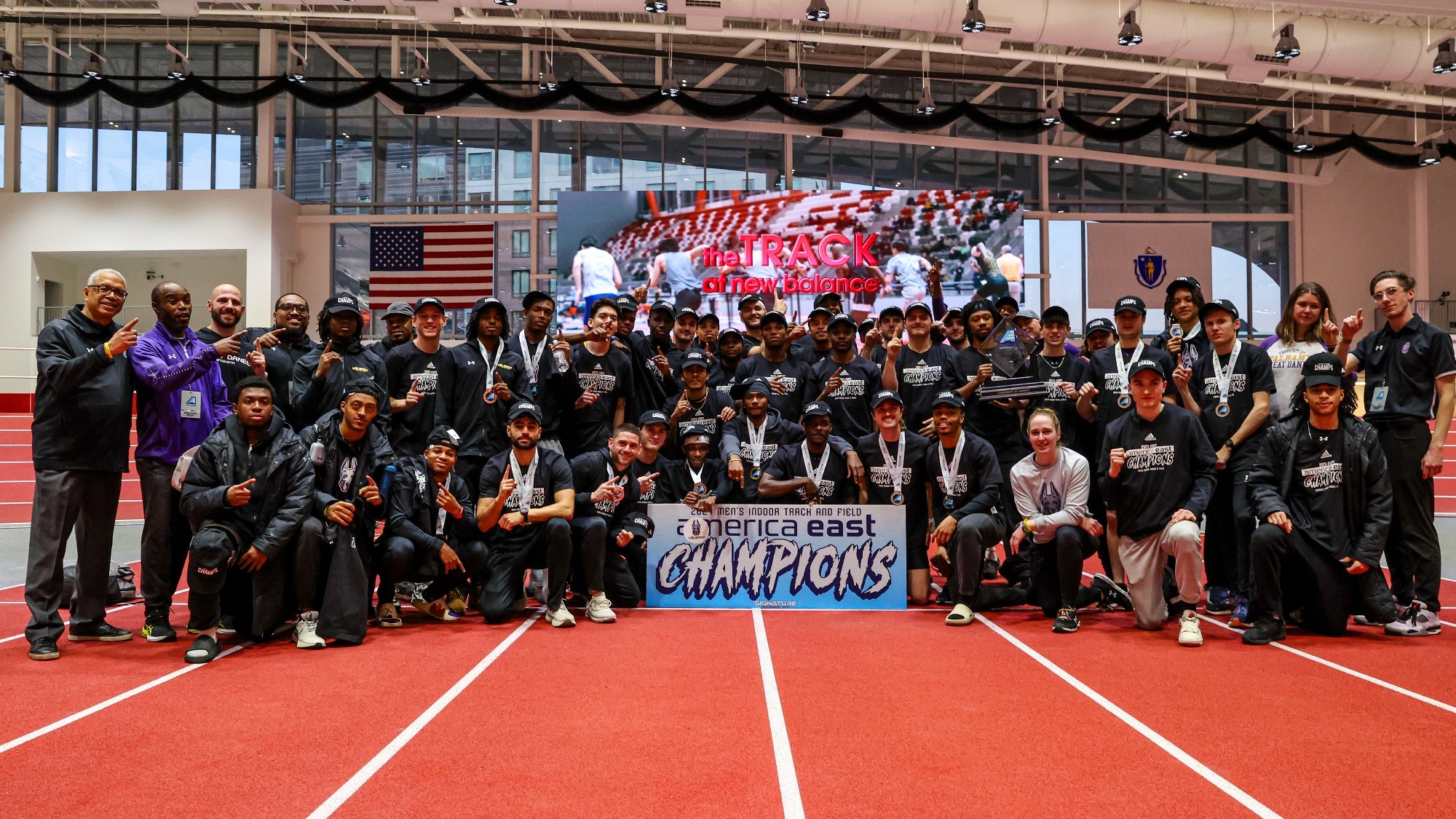 The men's lacrosse team celebrates its 17th overall indoor title, and first since 2020 at the America East Championships in Boston.