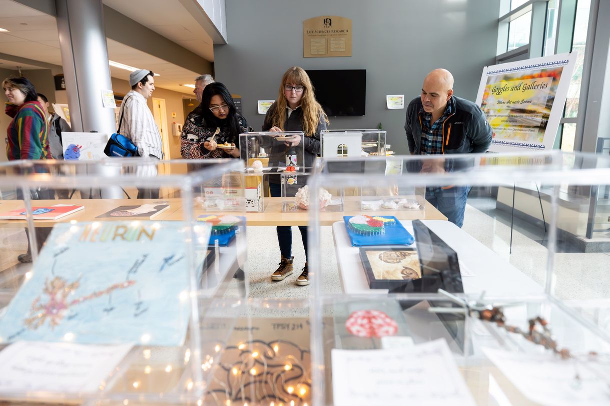 Five people look at artworks displayed in clear cases set on tables.