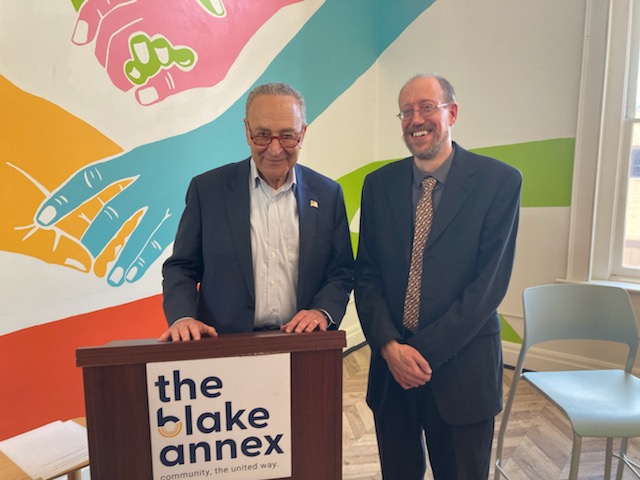 Sen. Schumer stands with NYS Mesonet Program Manager Jerry Brotzge at the Blake Annex.