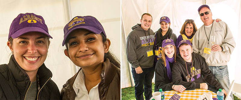 Two photos of donors and students at the 1844 Society donor tent wearing purple baseball caps.