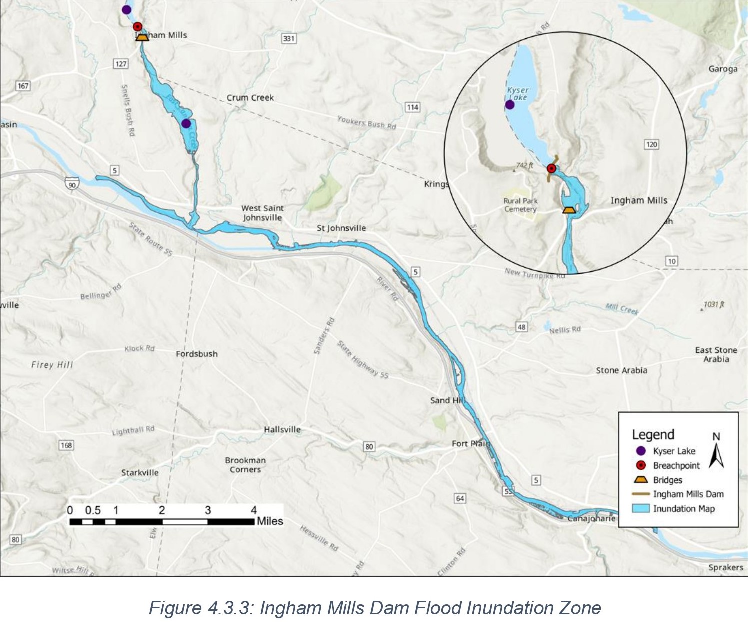 Map of figure 4.3.3: Ingham Mills Dam Flood Inundation Zone with a Legend in the lower righthand corner.