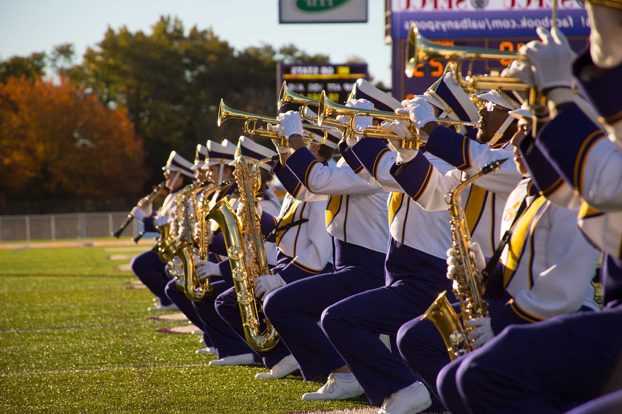 The UAlbany Marching Band's brass section kneels while playing on a green field under a blue sky.