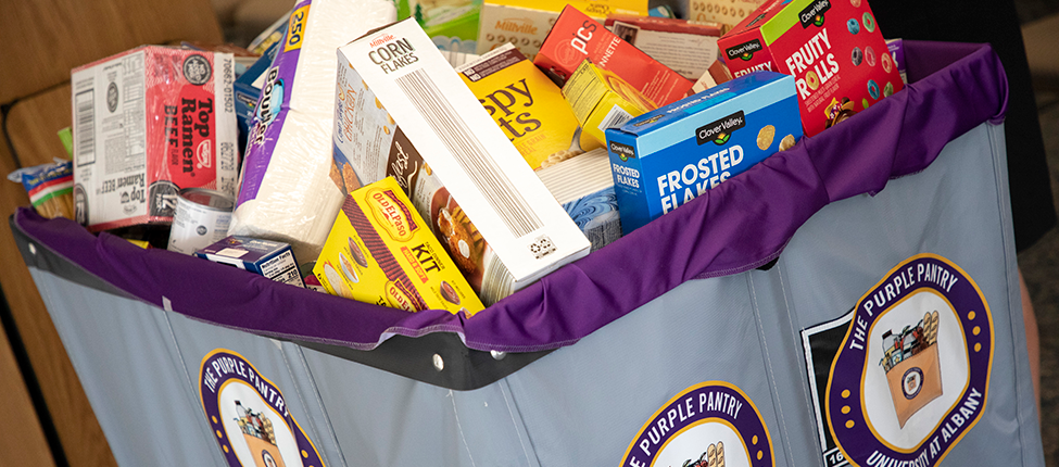 A full bin of donated food items. The Purple Pantry logo is seen on the sides of the bin.