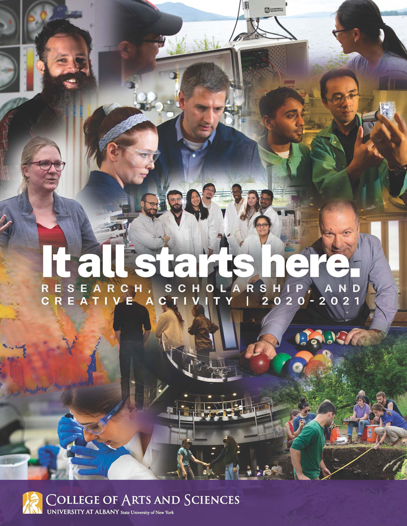 2020-2021 College of Arts and Sciences Compendium cover, "It All Starts Here", Research, Scholarship and Creative Activity 